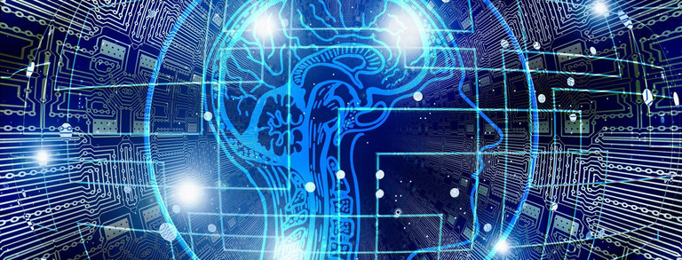 On blue background is drawn with white lines a brain and a network is shown from white dots.