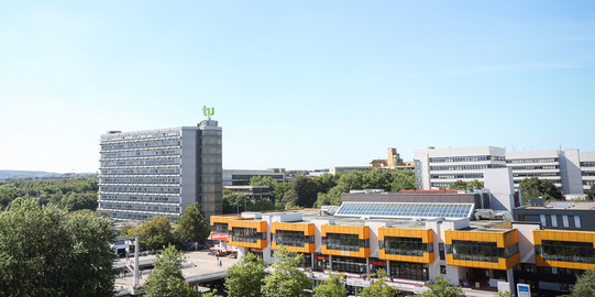Panoramic view of the North Campus with the math tower and the cafeteria.